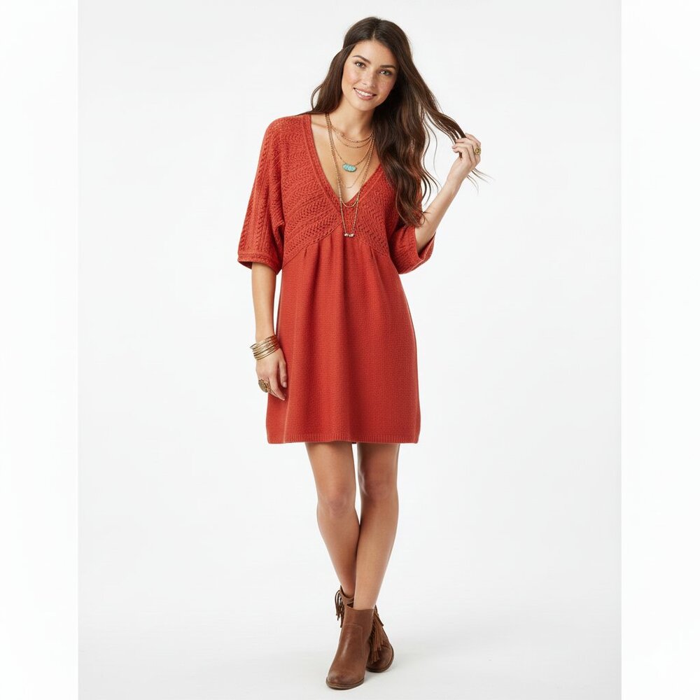 Apt. 9 Babydoll Sweater Mini‎ Dress Size Large Boho Knit V-Neck Y2K Fall Cottage